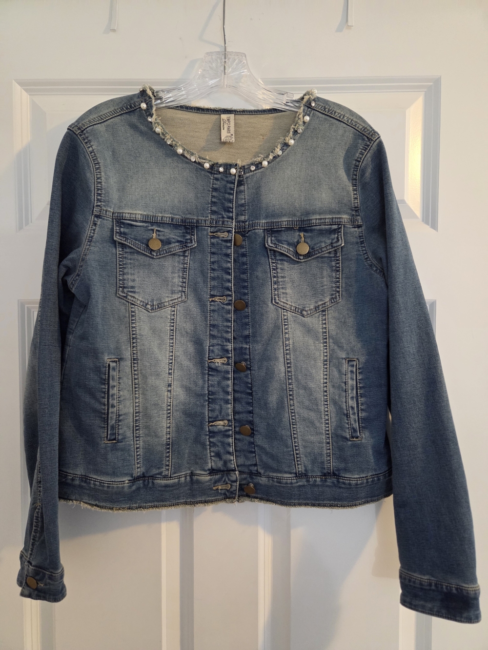 Women’s Light Wash Denim Jacket with Beaded Collar
